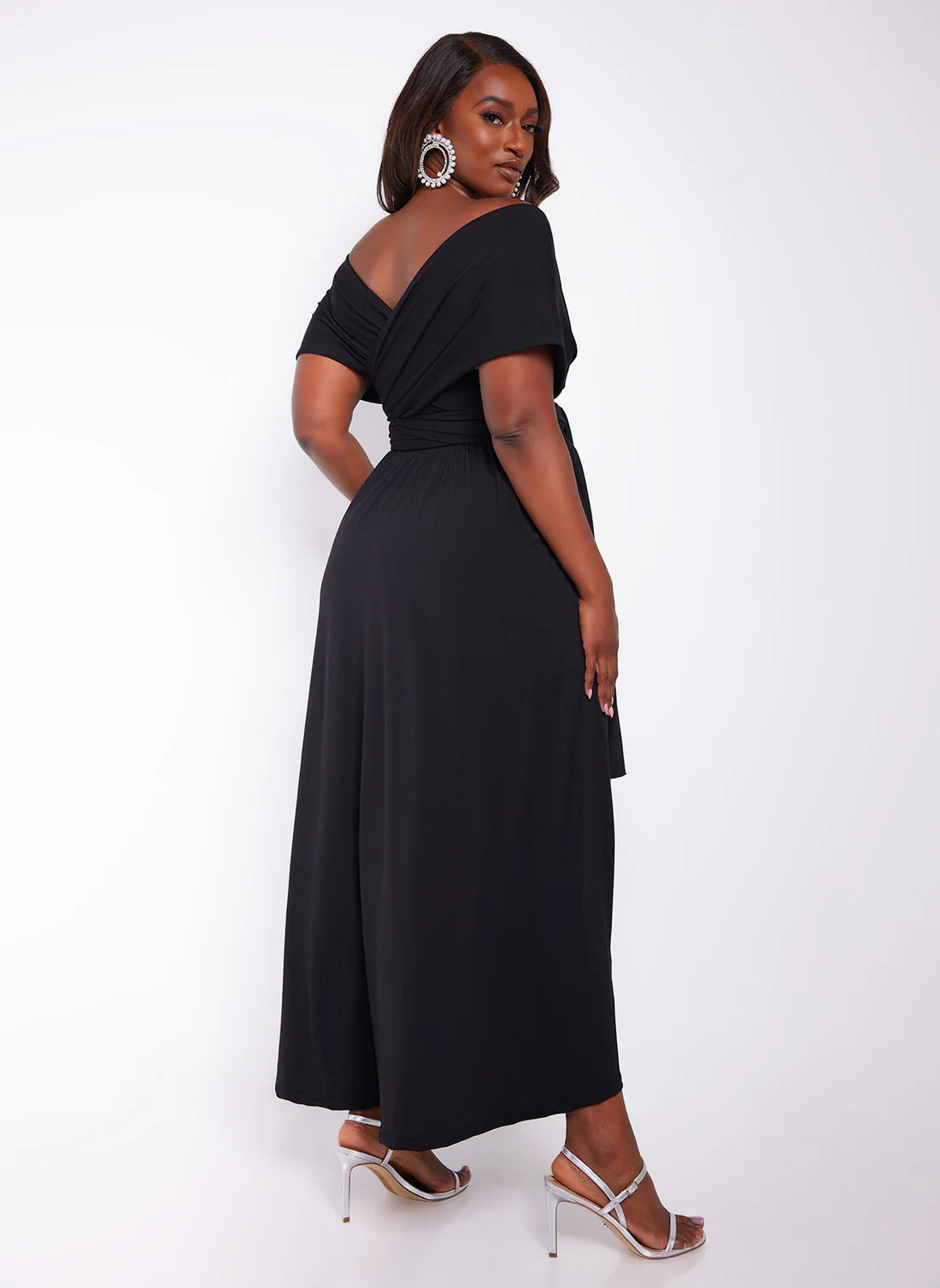 Black Off-Shoulder V-Neck Belted Maxi Evening Dresses