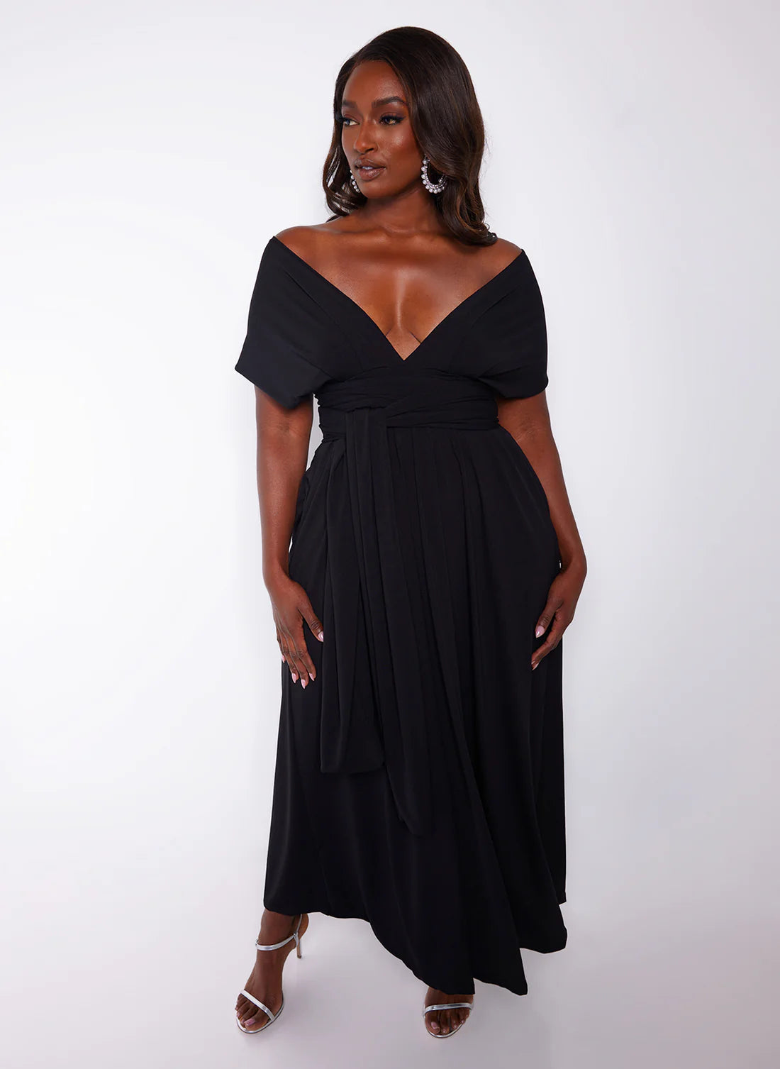 Black Off-Shoulder V-Neck Belted Maxi Evening Dresses