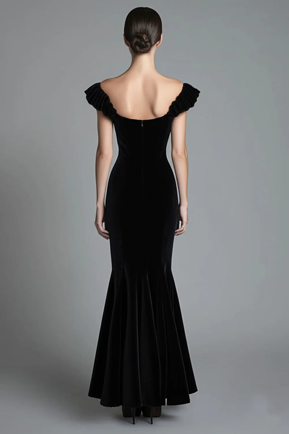 Black Off-The-Shoulder Ruffle Sleeve Velvet Mermaid Maxi Evening Dresses
