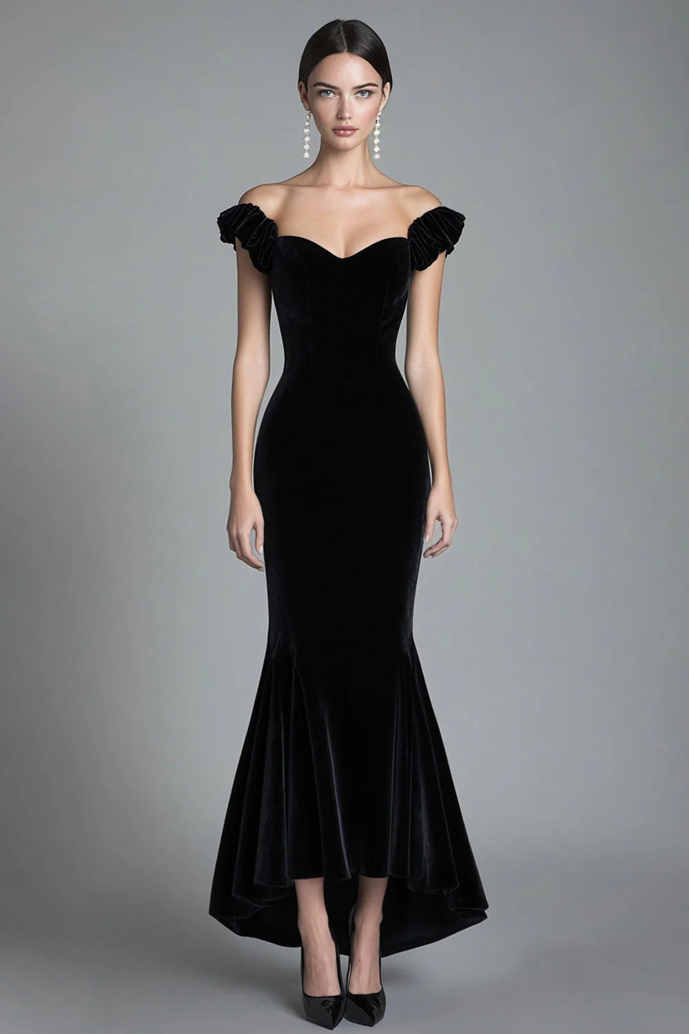 Black Off-The-Shoulder Ruffle Sleeve Velvet Mermaid Maxi Evening Dresses