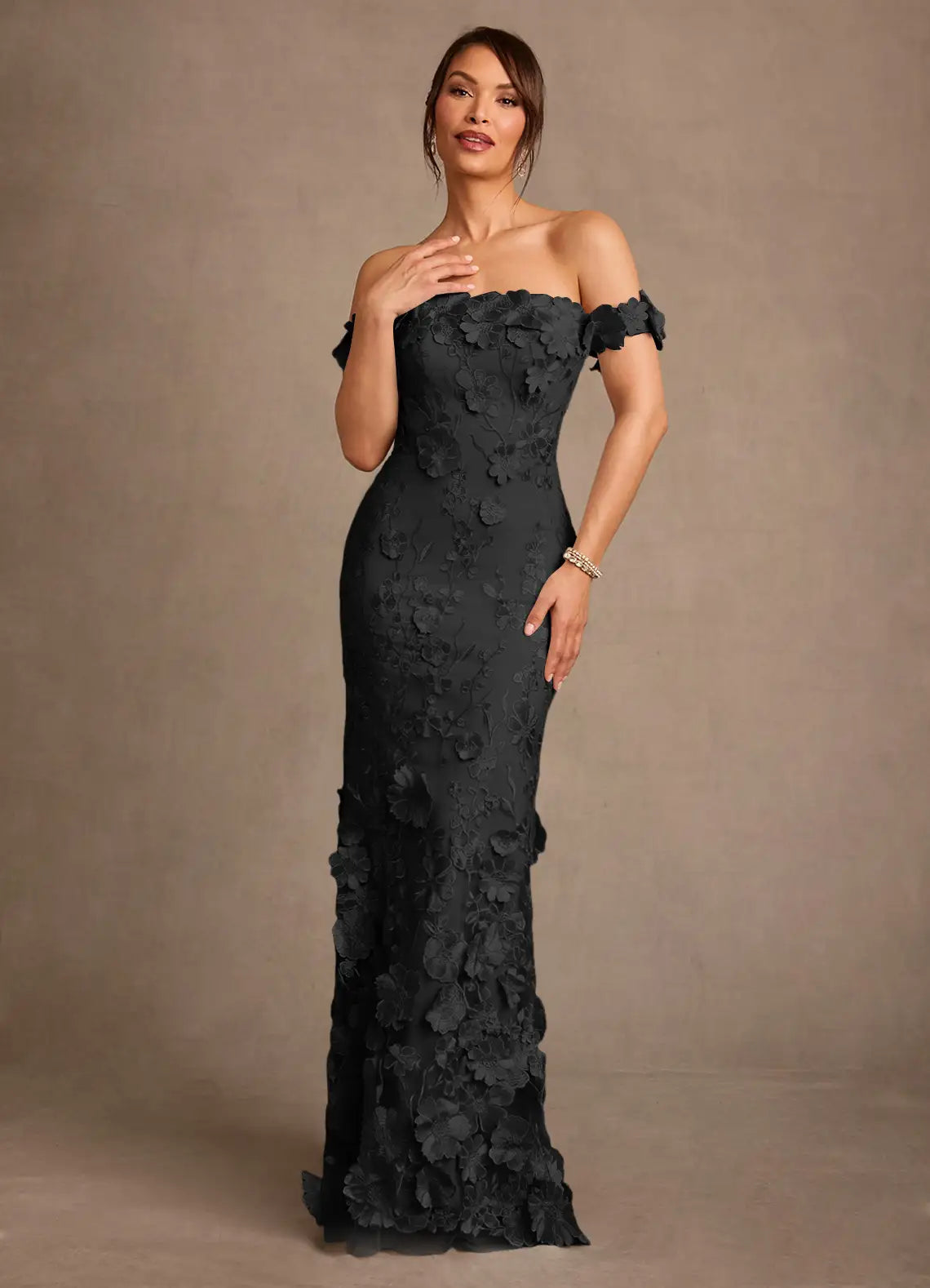 Black Off-the-Shoulder 3D Flower Mermaid Maxi Evening Dresses