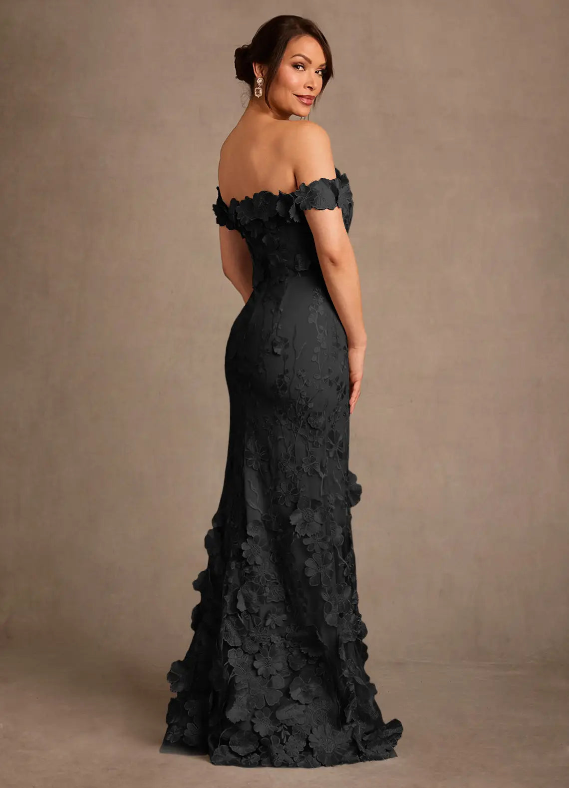 Black Off-the-Shoulder 3D Flower Mermaid Maxi Evening Dresses