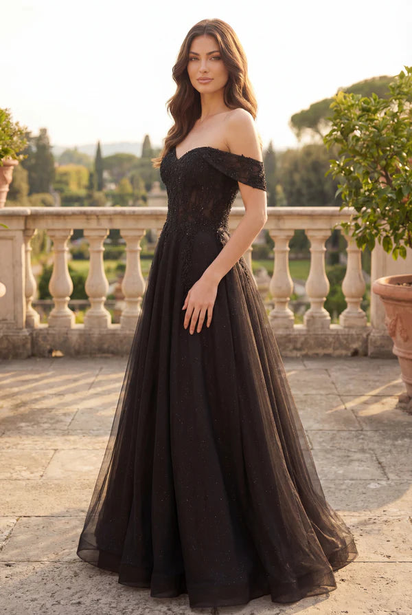 Black Off-the-Shoulder Lace Corset Tulle A-Line Evening Dress