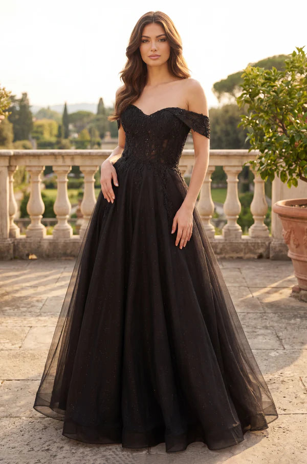 Black Off-the-Shoulder Lace Corset Tulle A-Line Evening Dress