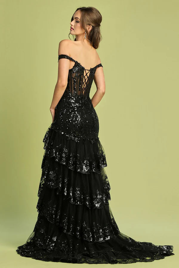 Black Off-the-Shoulder Sequin Tiered Evening Dress