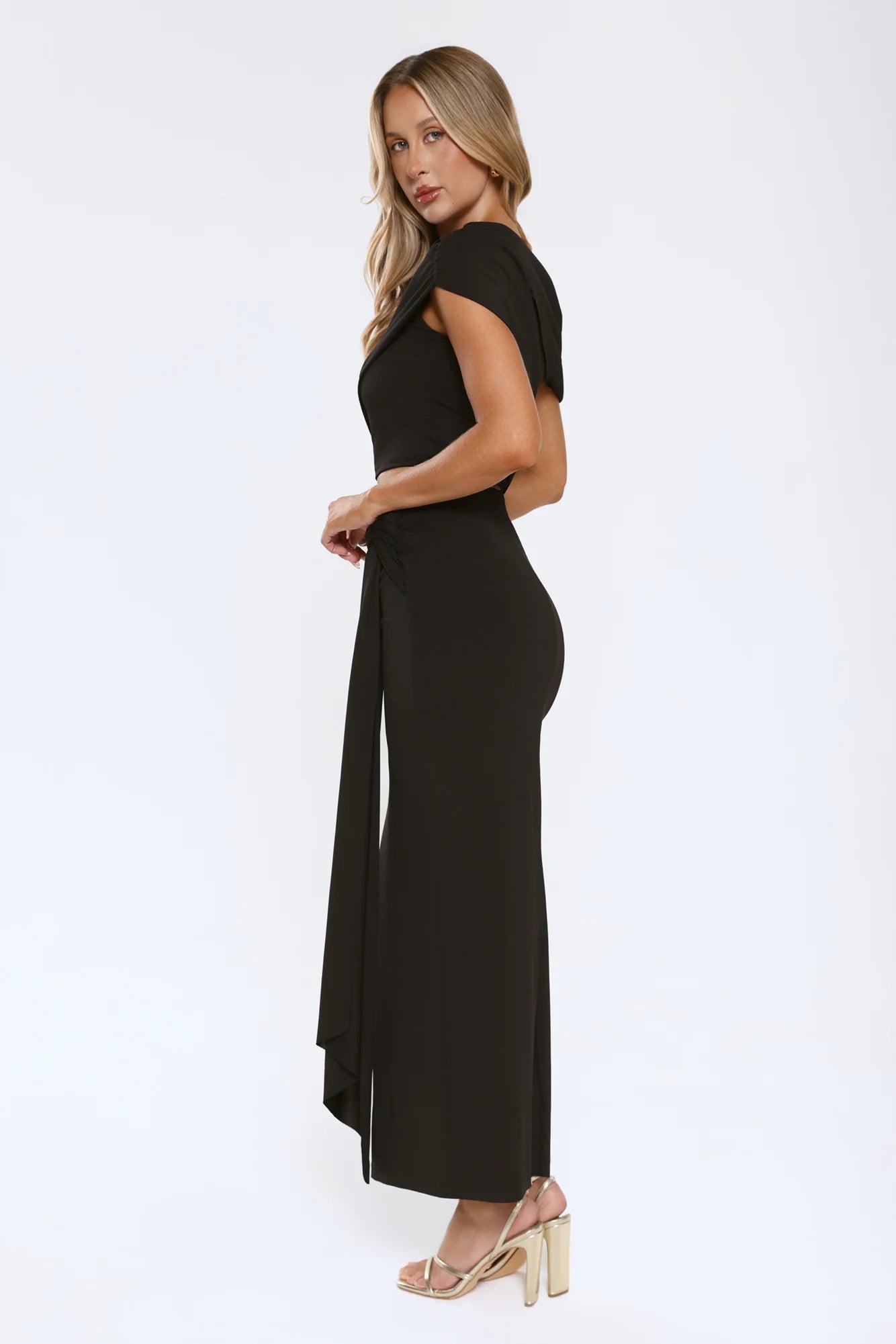 Black Off-the-Shoulder Two-Piece Ruched Crop Top with Wrap Midi Skirt Evening Dresses