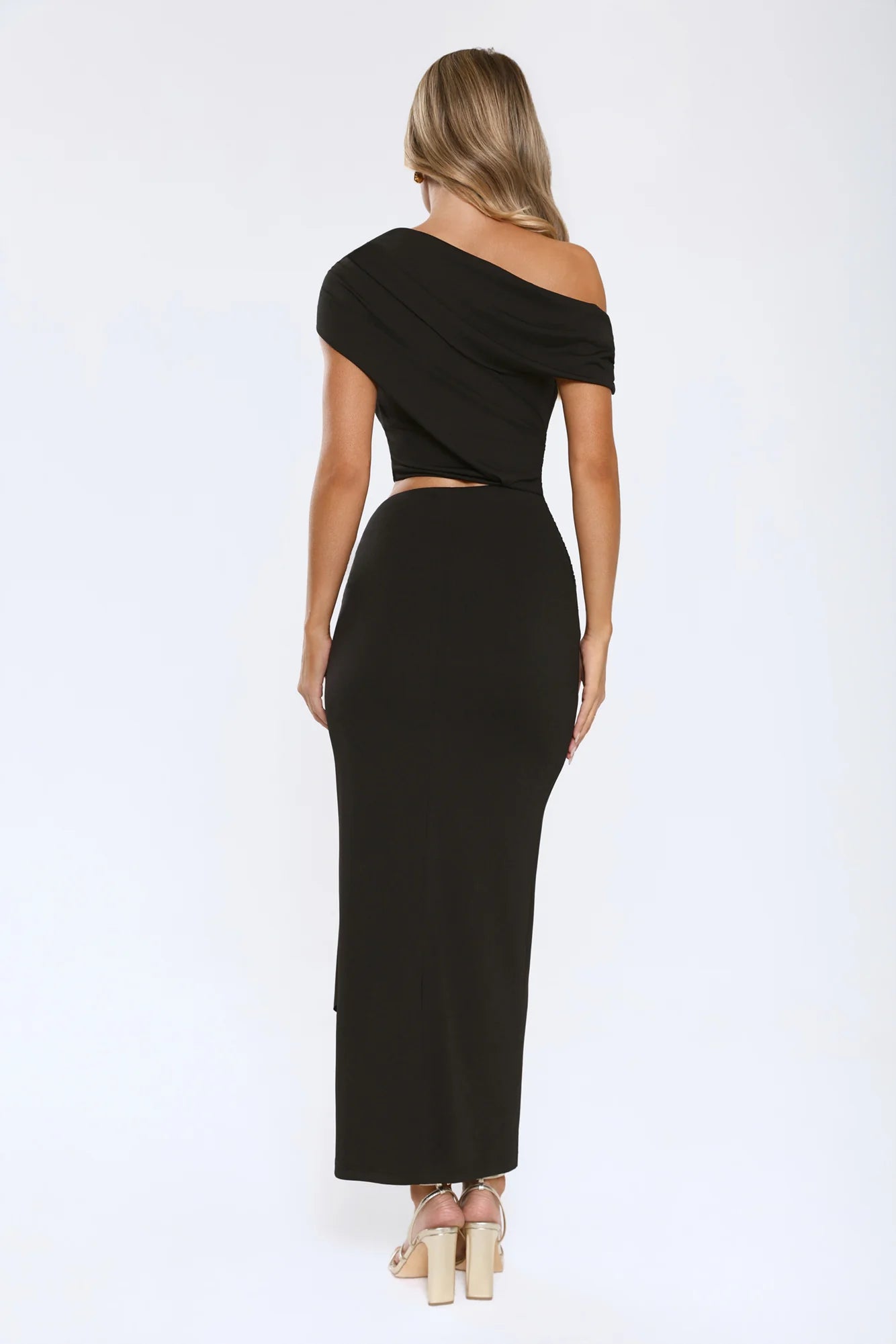 Black Off-the-Shoulder Two-Piece Ruched Crop Top with Wrap Midi Skirt Evening Dresses