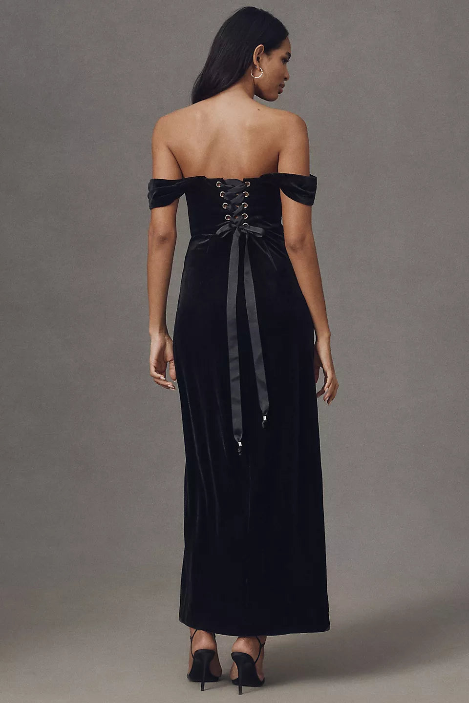 Black Off-the-Shoulder Velvet Corset Lace Up Back High Slit Maxi Evening Dresses