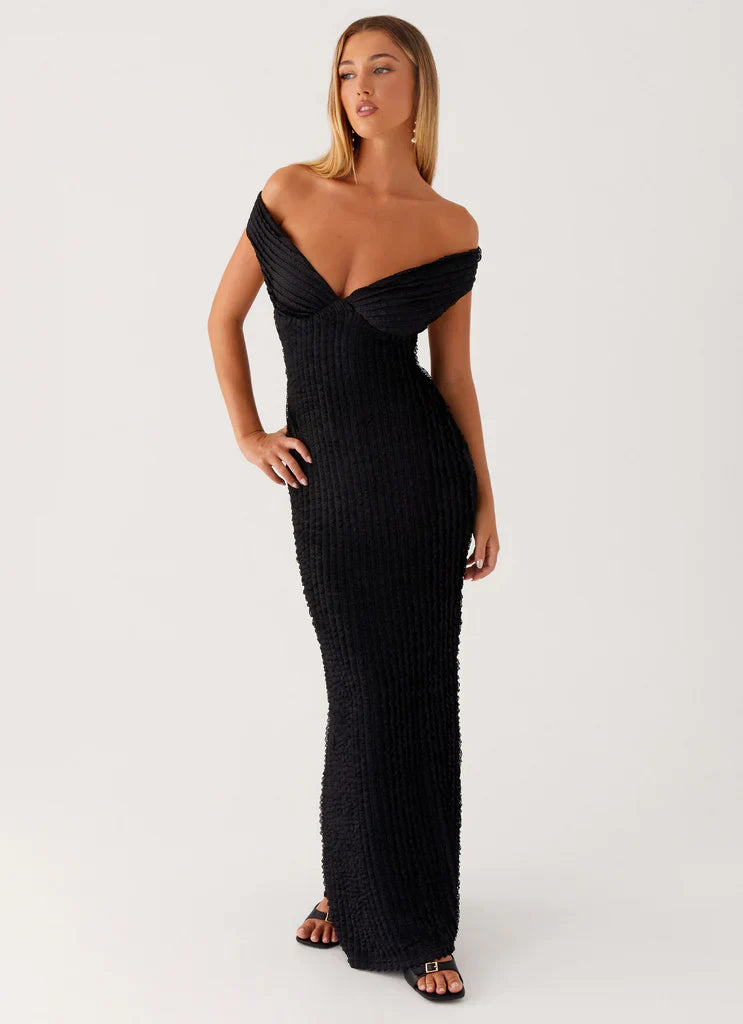 Black Off Shoulder Textured Backless Tie Maxi Dress For Elegant Formal Party Events