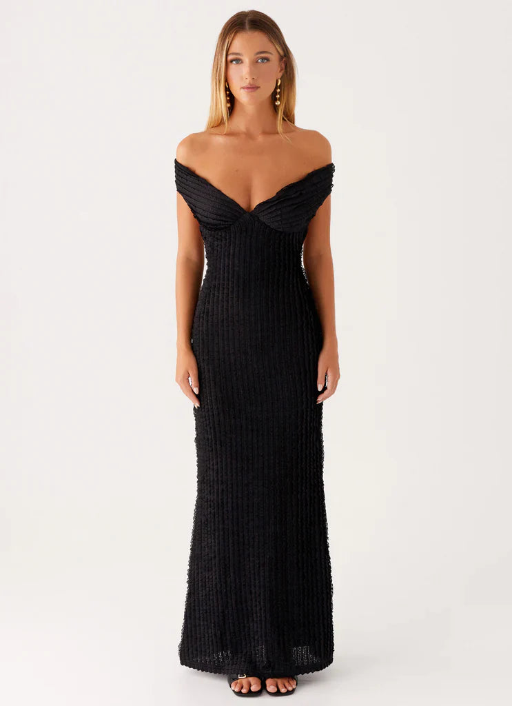 Black Off Shoulder Textured Backless Tie Maxi Dress For Elegant Formal Party Events