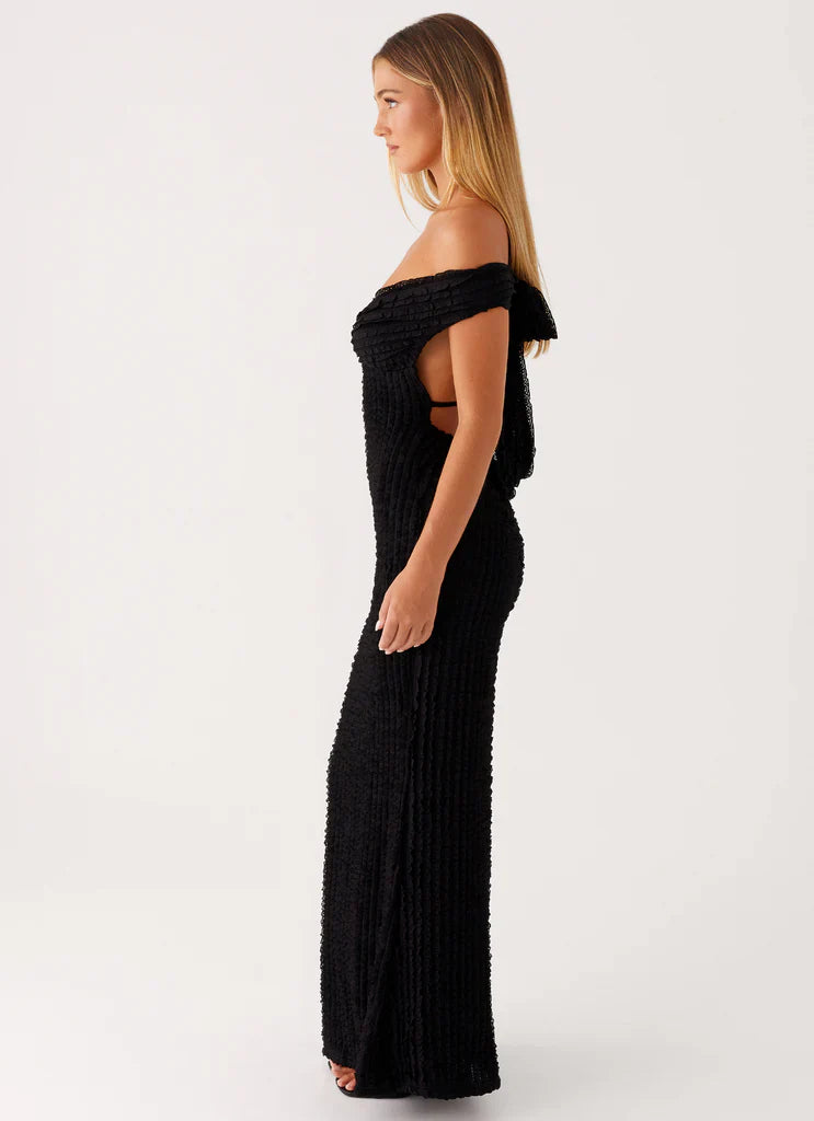 Black Off Shoulder Textured Backless Tie Maxi Dress For Elegant Formal Party Events