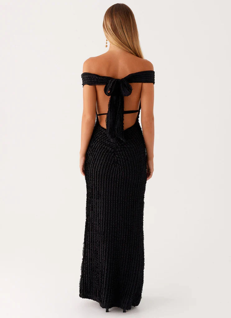 Black Off Shoulder Textured Backless Tie Maxi Dress For Elegant Formal Party Events