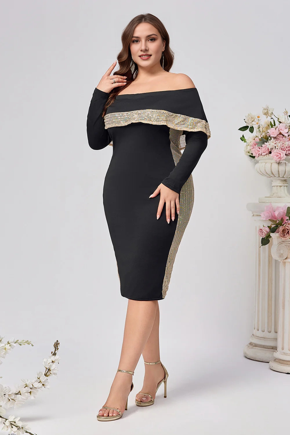 Black Off The Shoulder Bodycon Plus Size Mother Of The Bride Dress With Beading