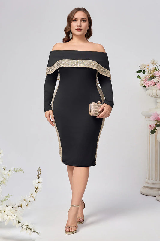 Black Off The Shoulder Bodycon Plus Size Mother Of The Bride Dress With Beading