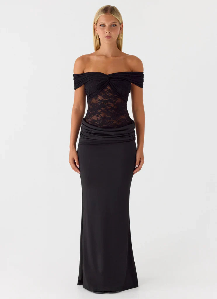 Black Off The Shoulder Lace Satin Maxi Prom Dress For Elegant Formal Evening Events
