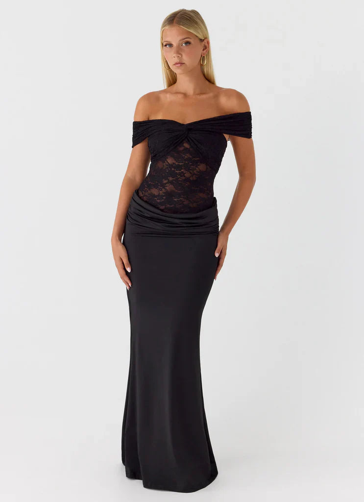 Black Off The Shoulder Lace Satin Maxi Prom Dress For Elegant Formal Evening Events