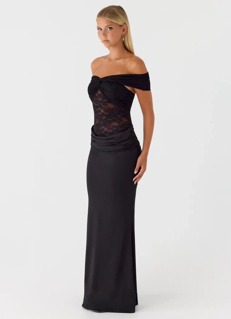 Black Off The Shoulder Lace Satin Maxi Prom Dress For Elegant Formal Evening Events