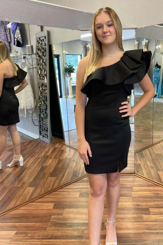 Black One-Shoulder Ruffles Bodycon Short Dress