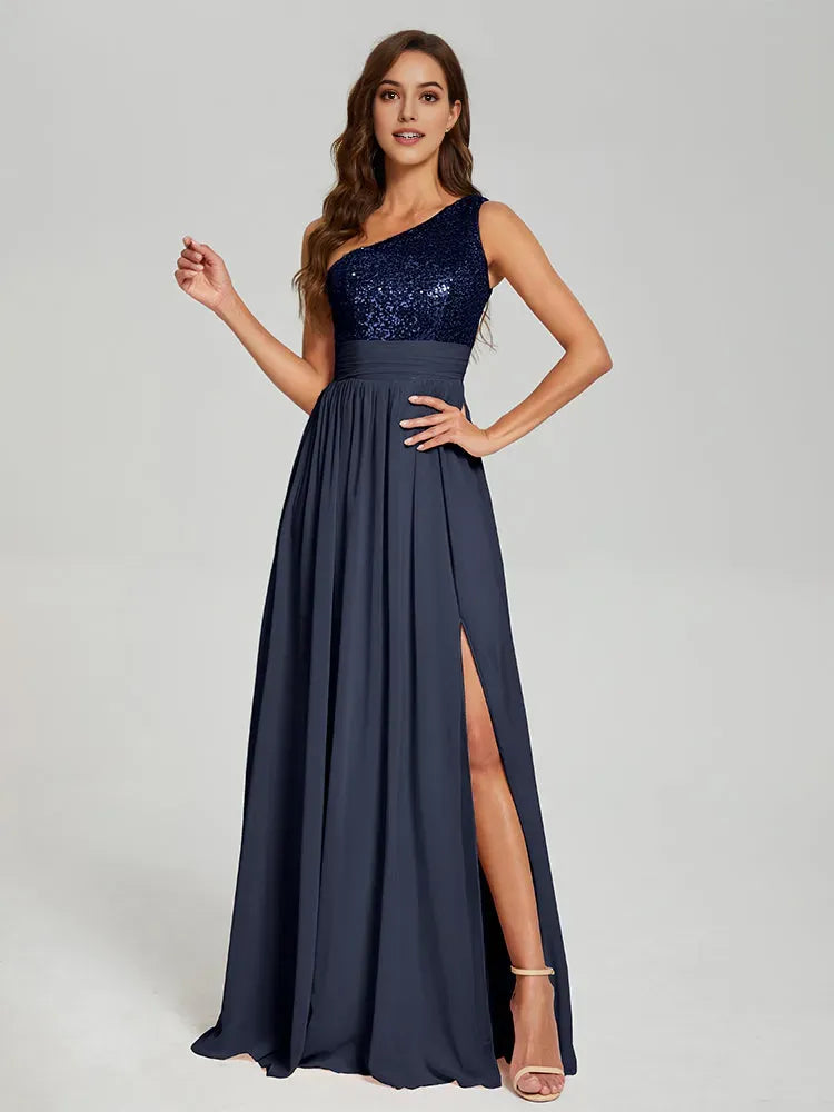 Black One - Shoulder Sequin Chiffon Long Prom Dress with Flowy Skirt and High Side Slit