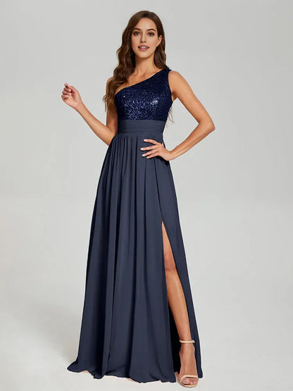Black One - Shoulder Sequin Chiffon Long Prom Dress with Flowy Skirt and High Side Slit