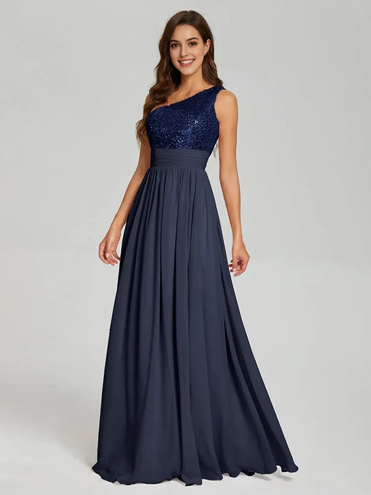 Black One - Shoulder Sequin Chiffon Long Prom Dress with Flowy Skirt and High Side Slit