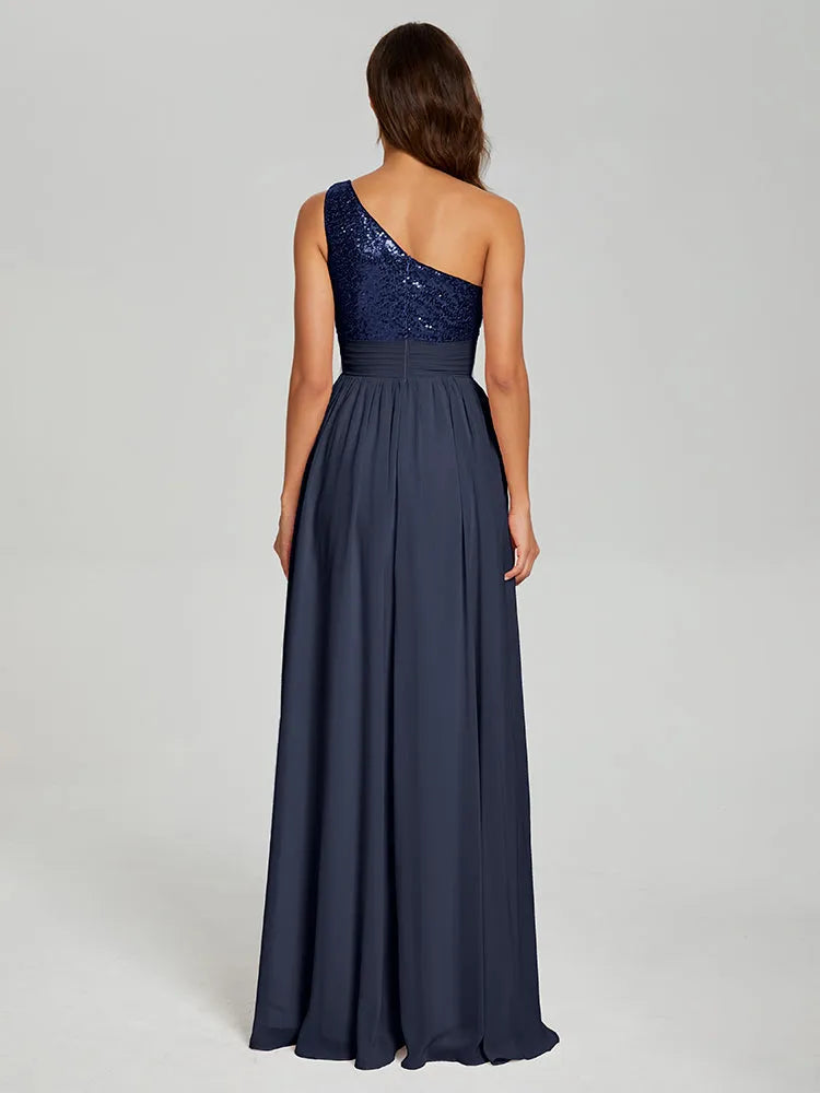 Black One - Shoulder Sequin Chiffon Long Prom Dress with Flowy Skirt and High Side Slit
