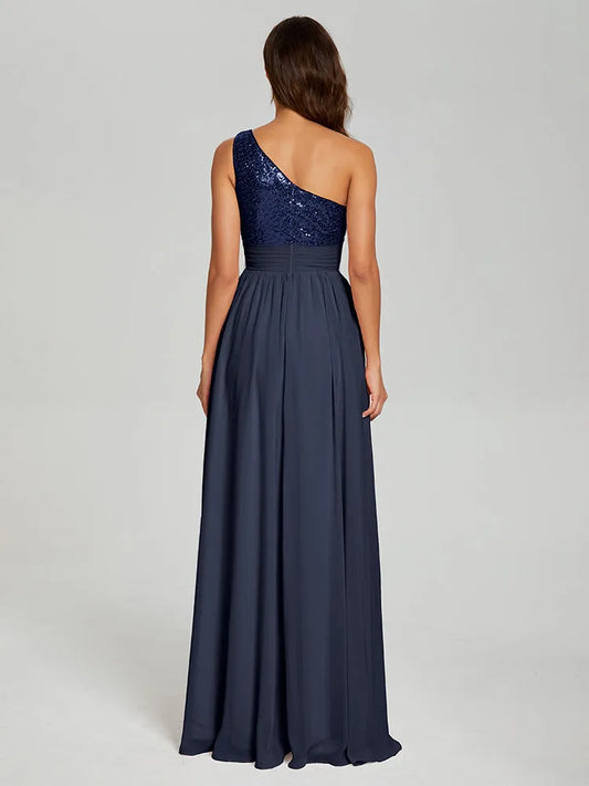 Black One - Shoulder Sequin Chiffon Long Prom Dress with Flowy Skirt and High Side Slit