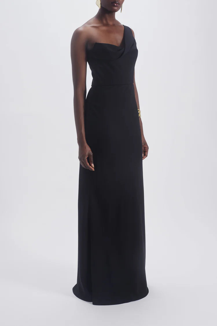 Black One Shoulder Draped Cowl Neck Maxi Evening Dresses