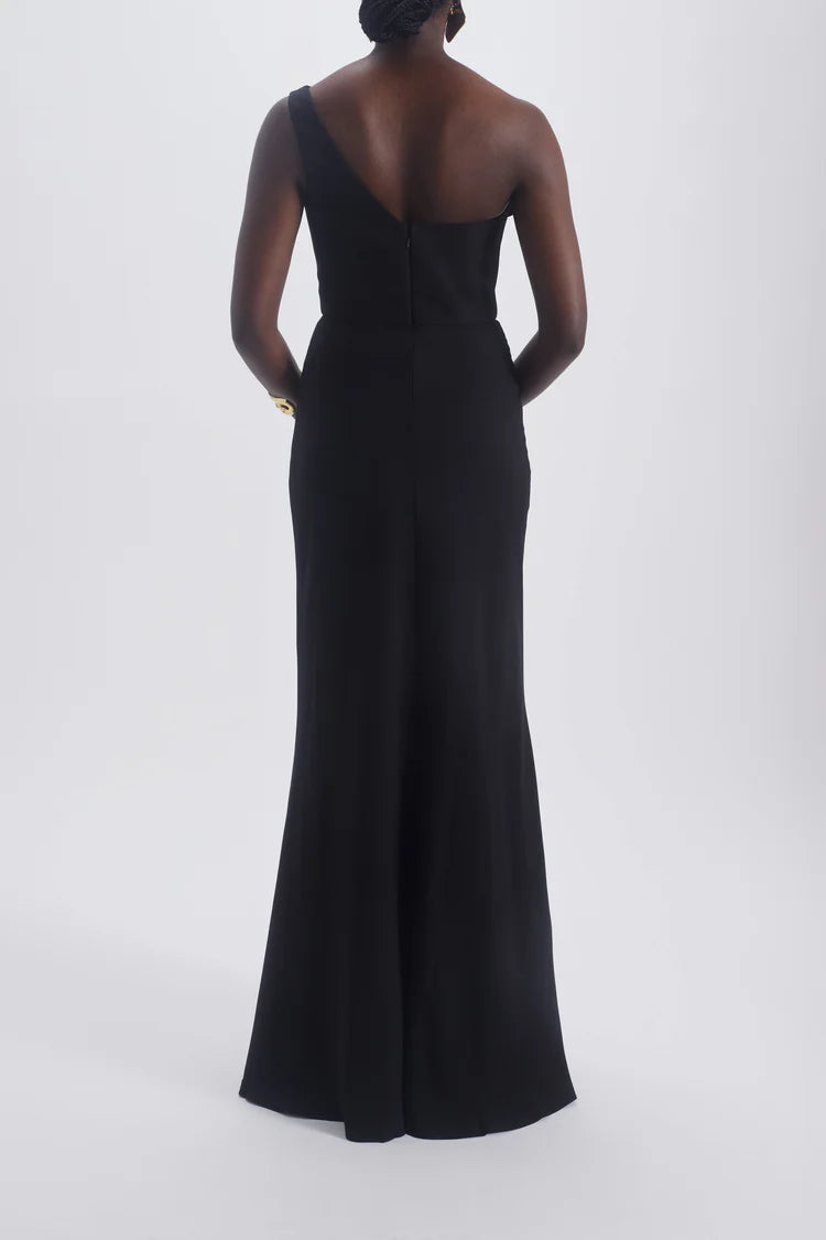 Black One Shoulder Draped Cowl Neck Maxi Evening Dresses