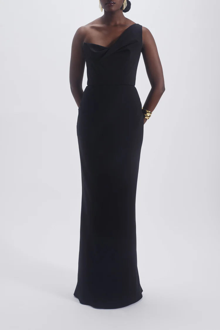 Black One Shoulder Draped Cowl Neck Maxi Evening Dresses