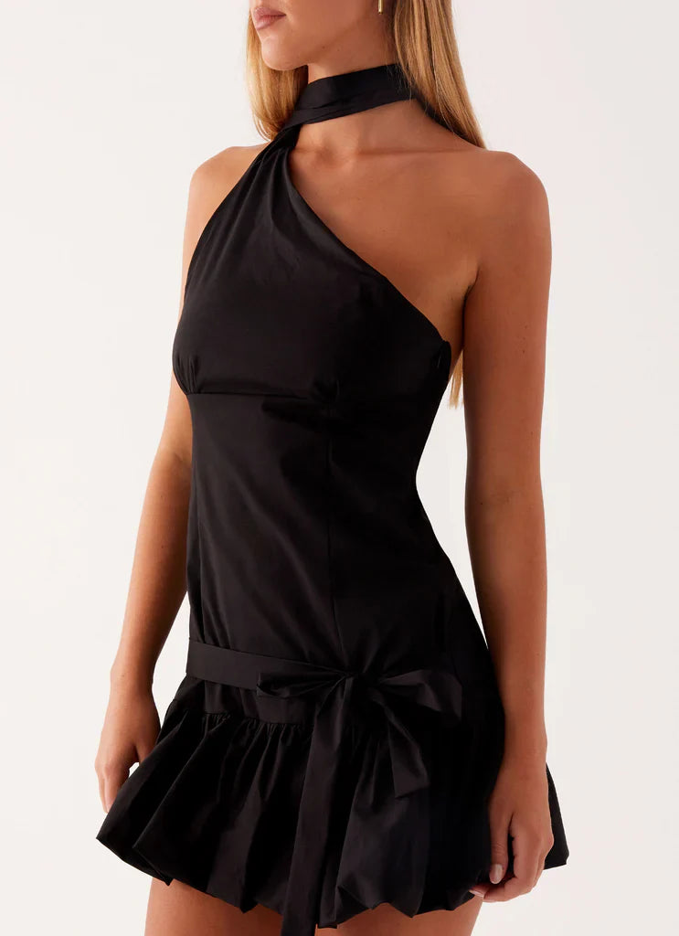 Black One Shoulder Halter Neck Tie Waist Ruffle Mini Dress For Elegant Formal Party Events
