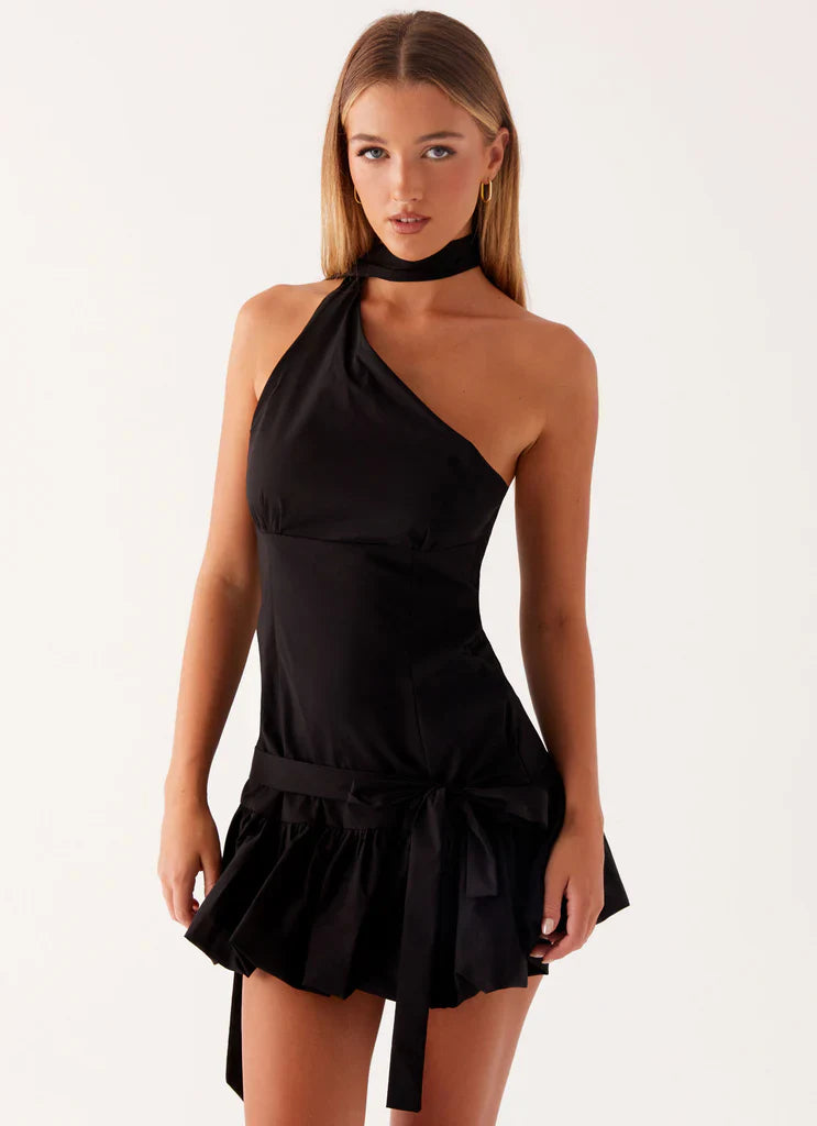 Black One Shoulder Halter Neck Tie Waist Ruffle Mini Dress For Elegant Formal Party Events