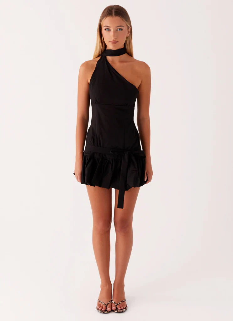 Black One Shoulder Halter Neck Tie Waist Ruffle Mini Dress For Elegant Formal Party Events
