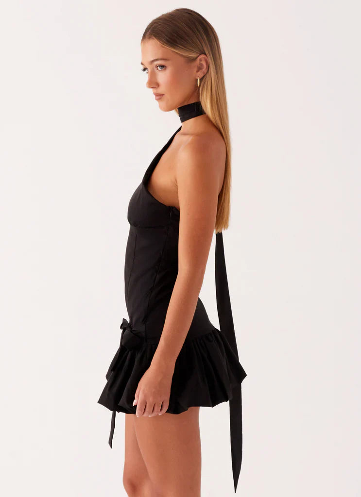 Black One Shoulder Halter Neck Tie Waist Ruffle Mini Dress For Elegant Formal Party Events