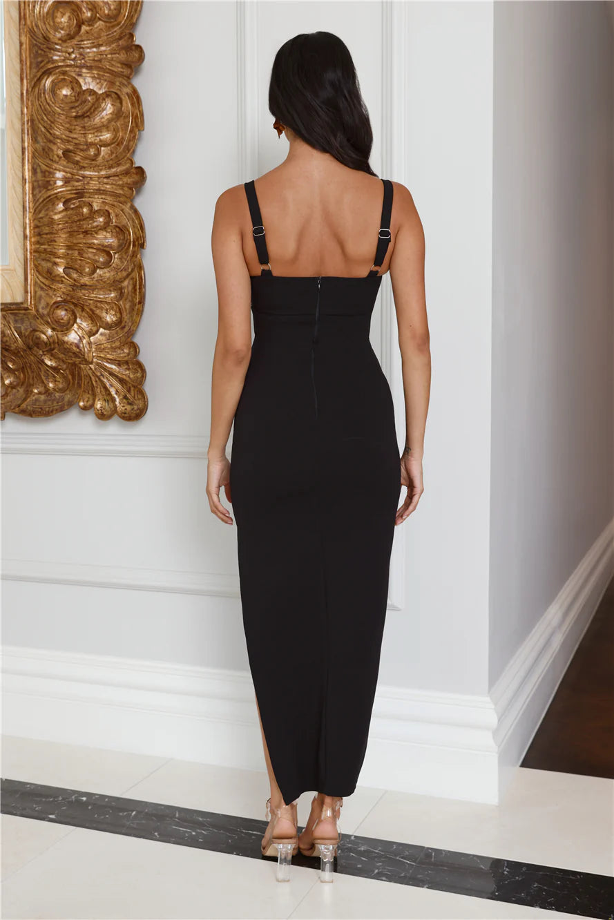 Black One Shoulder Mesh Panel Ruched Slit Midi Evening Dresses