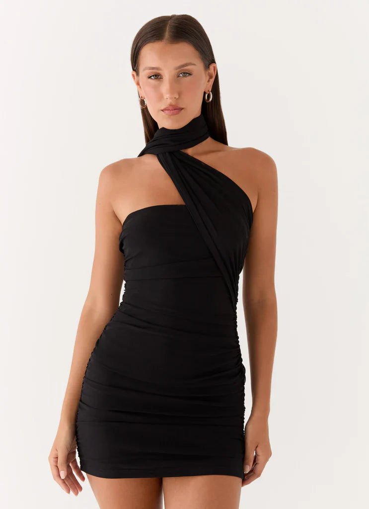 Black One Shoulder Ruched Scarf Tie Mini Dress For Elegant Formal Party Events