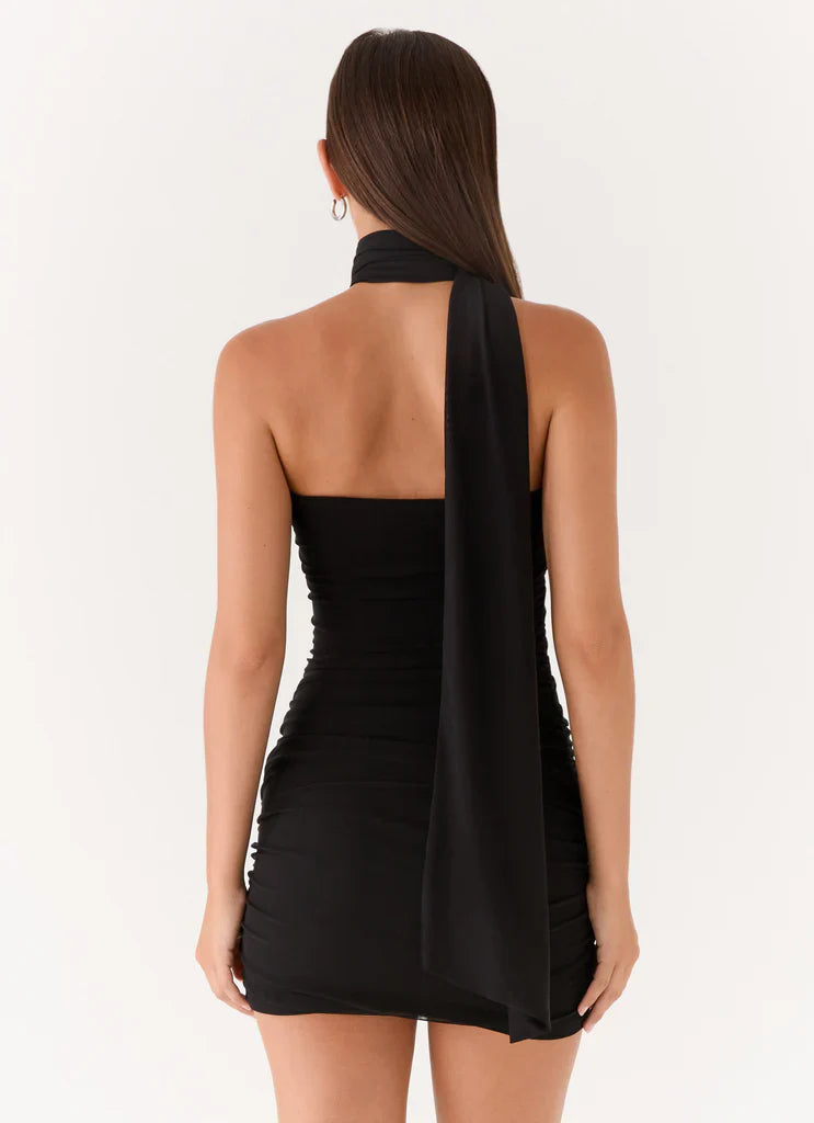 Black One Shoulder Ruched Scarf Tie Mini Dress For Elegant Formal Party Events