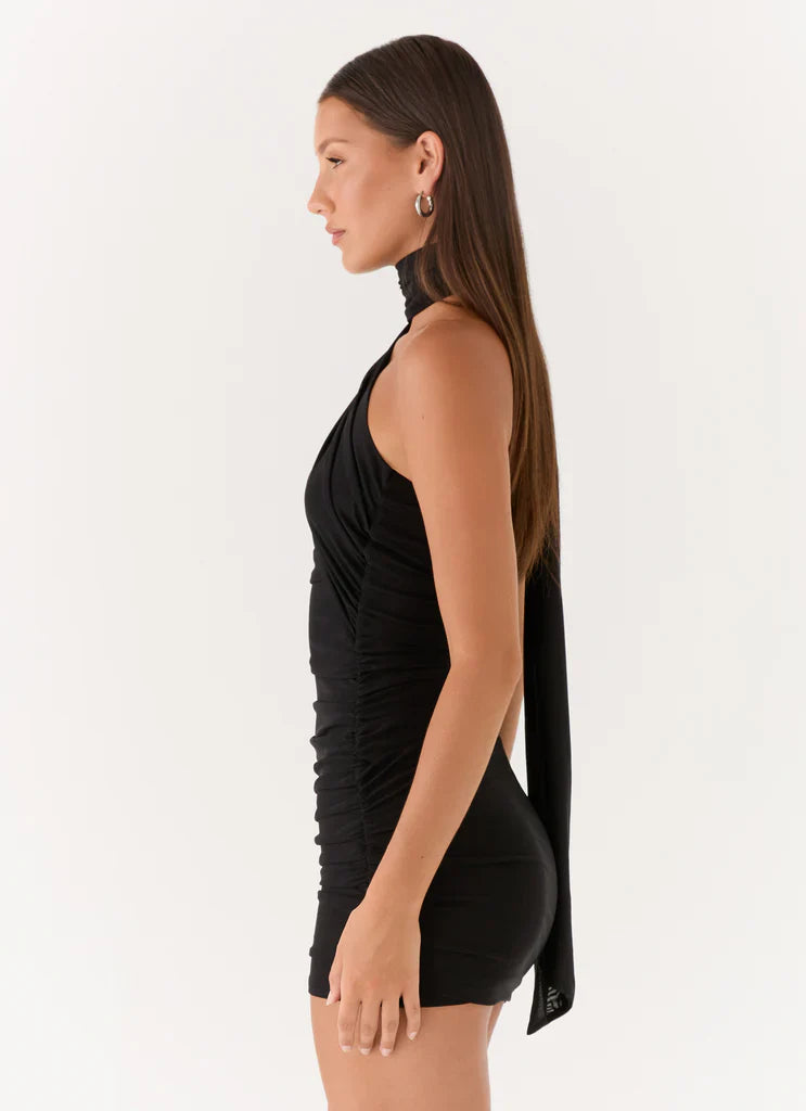 Black One Shoulder Ruched Scarf Tie Mini Dress For Elegant Formal Party Events