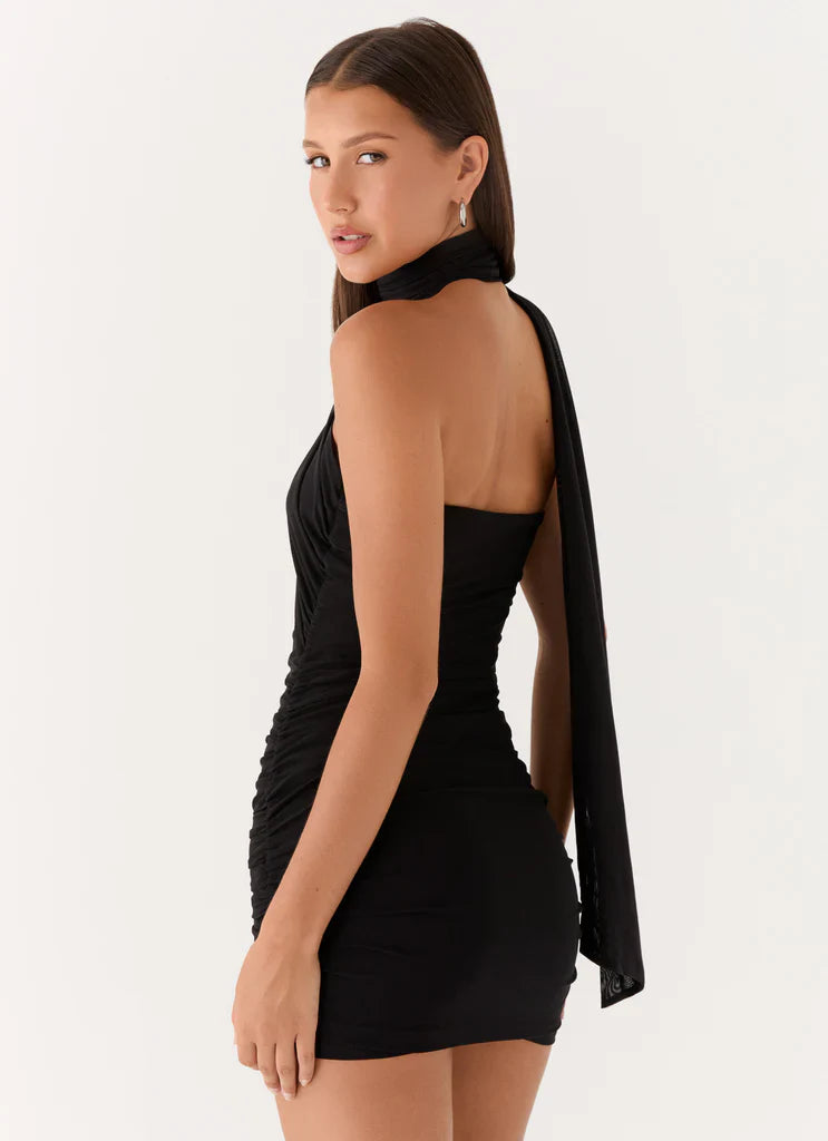 Black One Shoulder Ruched Scarf Tie Mini Dress For Elegant Formal Party Events