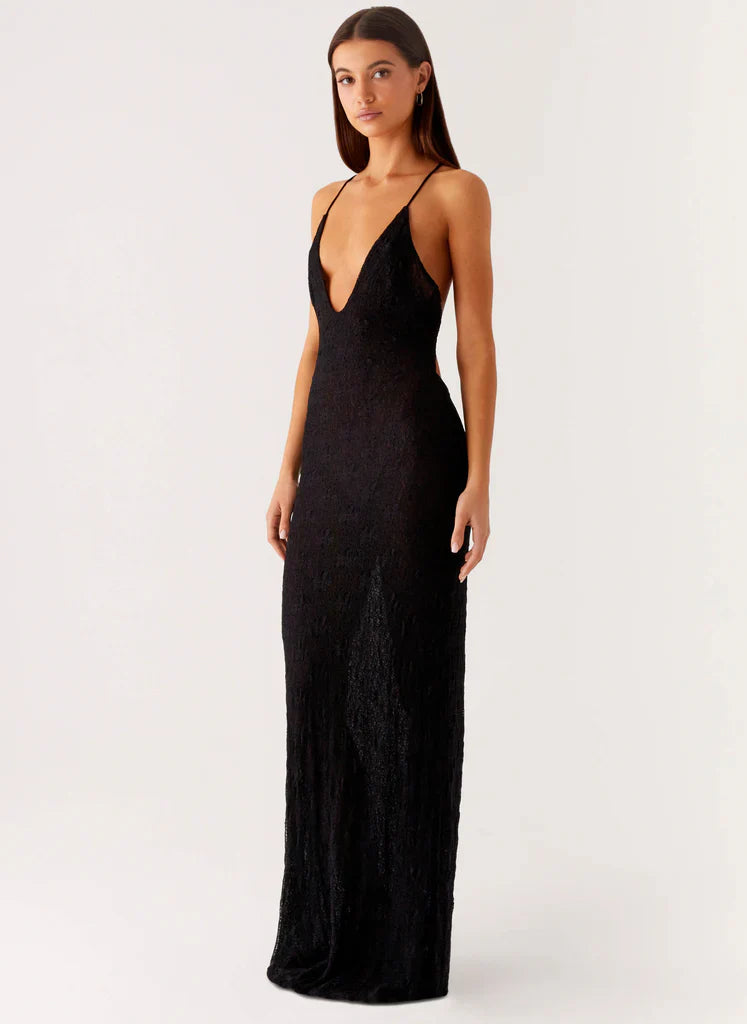 Black Plunge Neck Open Back Textured Maxi Prom Dress For Elegant Formal Evening Events