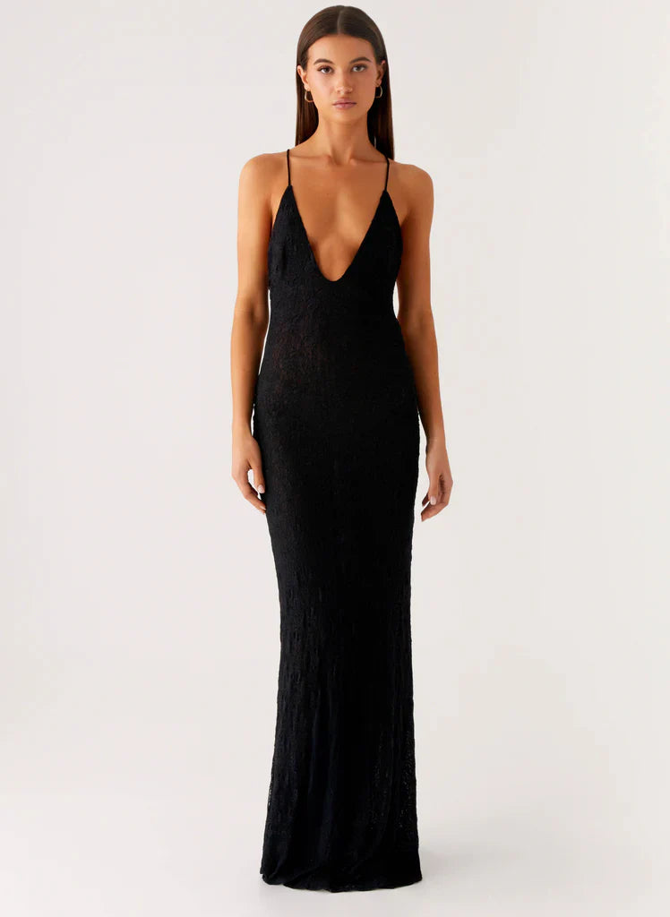Black Plunge Neck Open Back Textured Maxi Prom Dress For Elegant Formal Evening Events