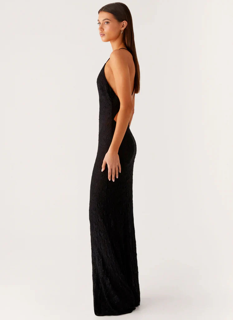 Black Plunge Neck Open Back Textured Maxi Prom Dress For Elegant Formal Evening Events