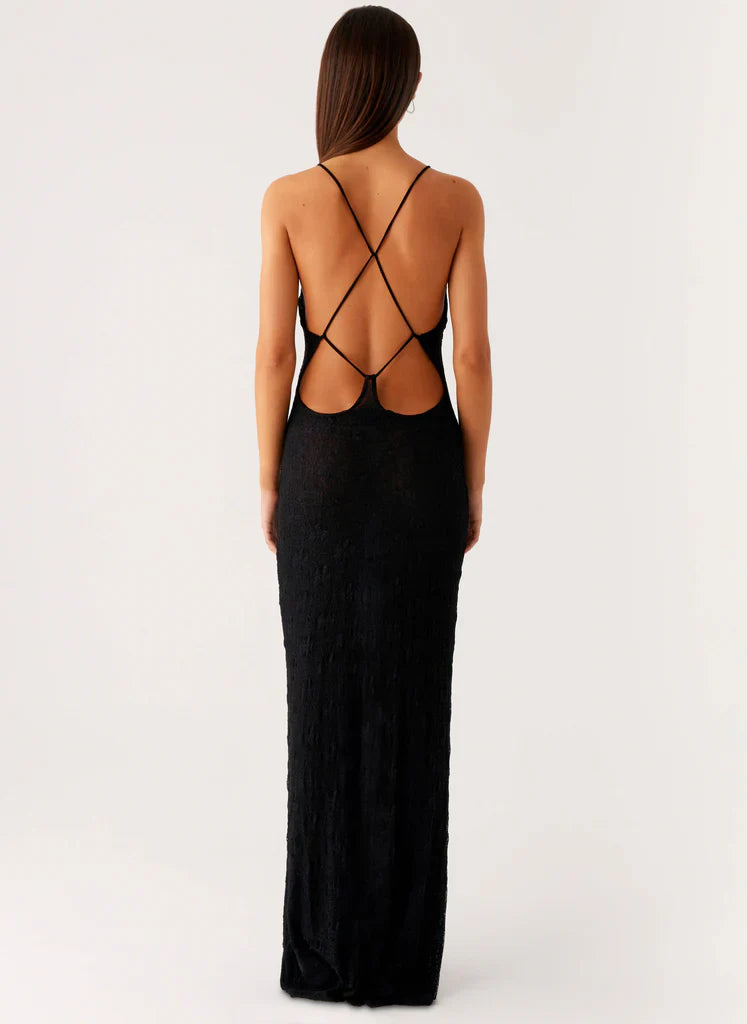 Black Plunge Neck Open Back Textured Maxi Prom Dress For Elegant Formal Evening Events
