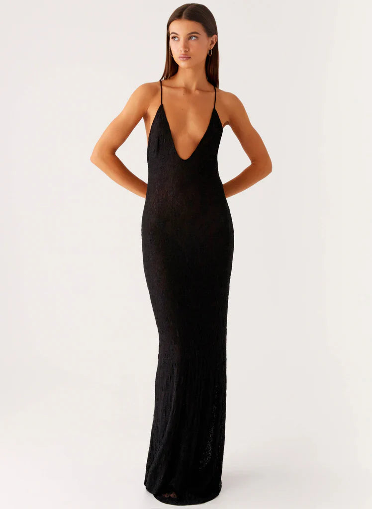 Black Plunge Neck Open Back Textured Maxi Prom Dress For Elegant Formal Evening Events