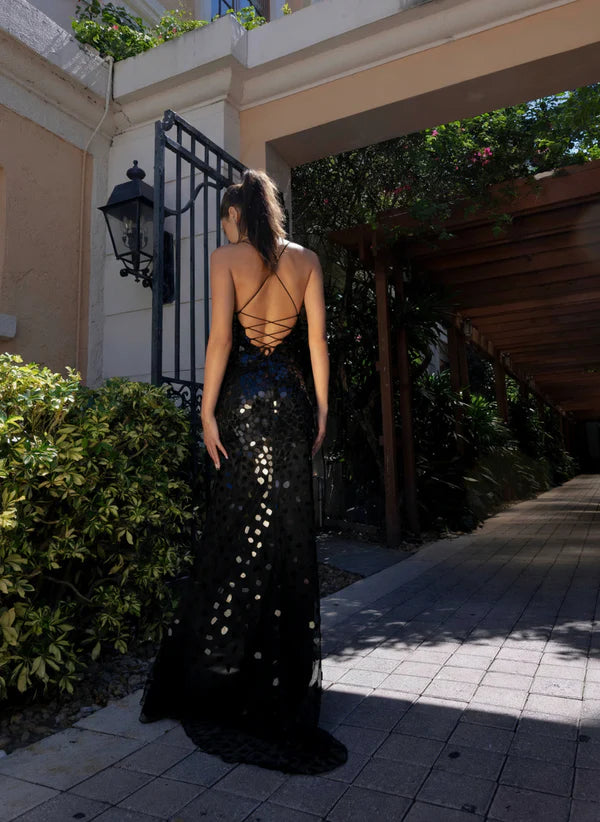 Black Polka Dot Sequin Spaghetti Strap Lace-Up Back High Slit Train Evening Dresses