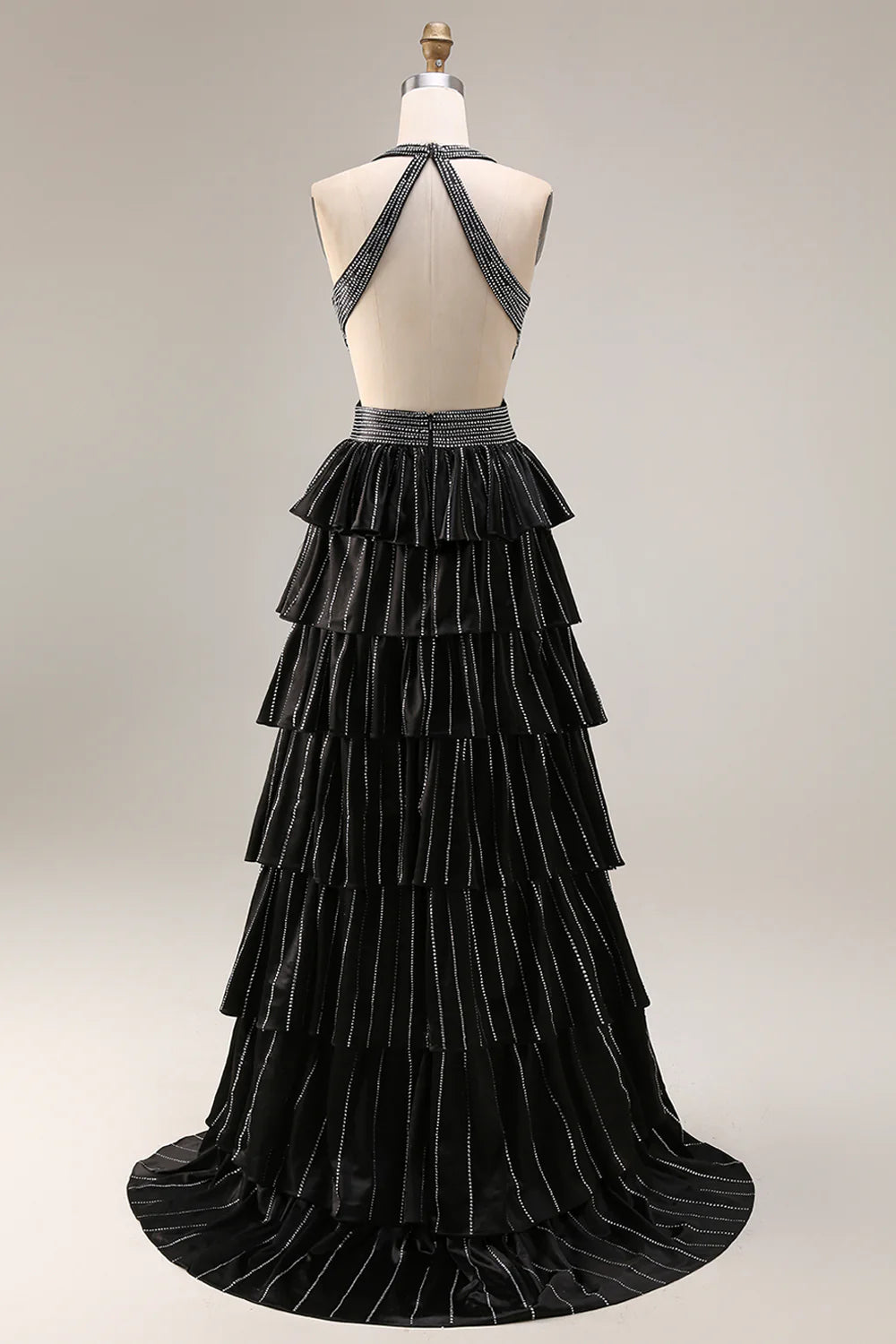 Black Rhinestone Halter Tiered Evening Dresses