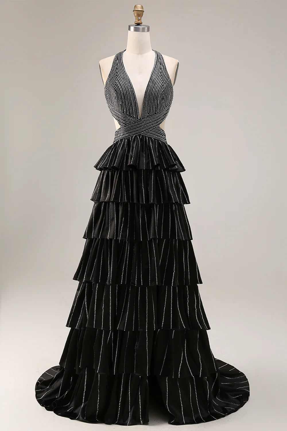 Black Rhinestone Halter Tiered Evening Dresses