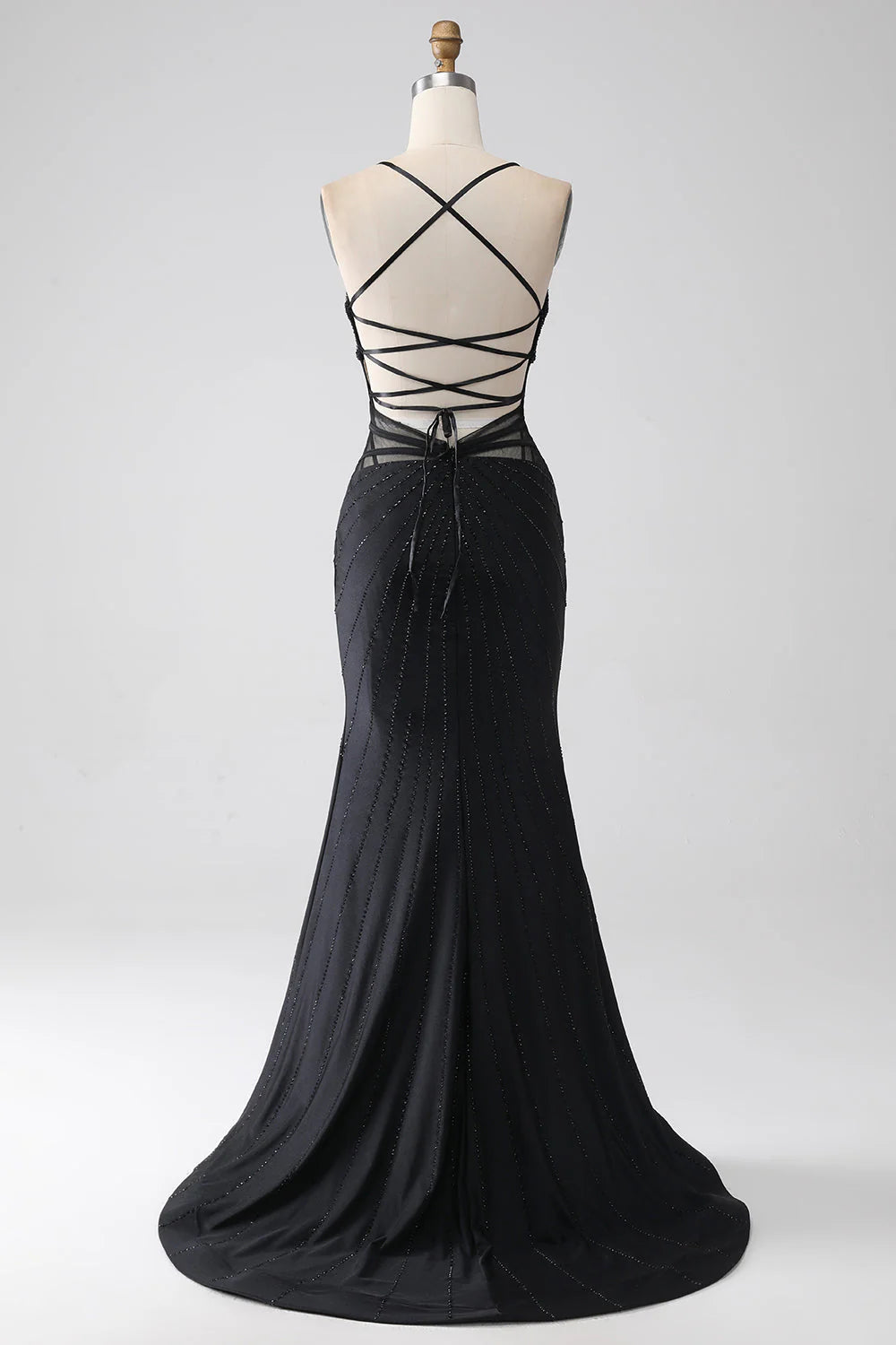 Black Rhinestone Spaghetti Strap Sheer Corset Mermaid Evening Dresses