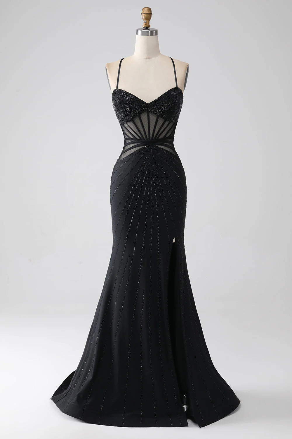 Black Rhinestone Spaghetti Strap Sheer Corset Mermaid Evening Dresses
