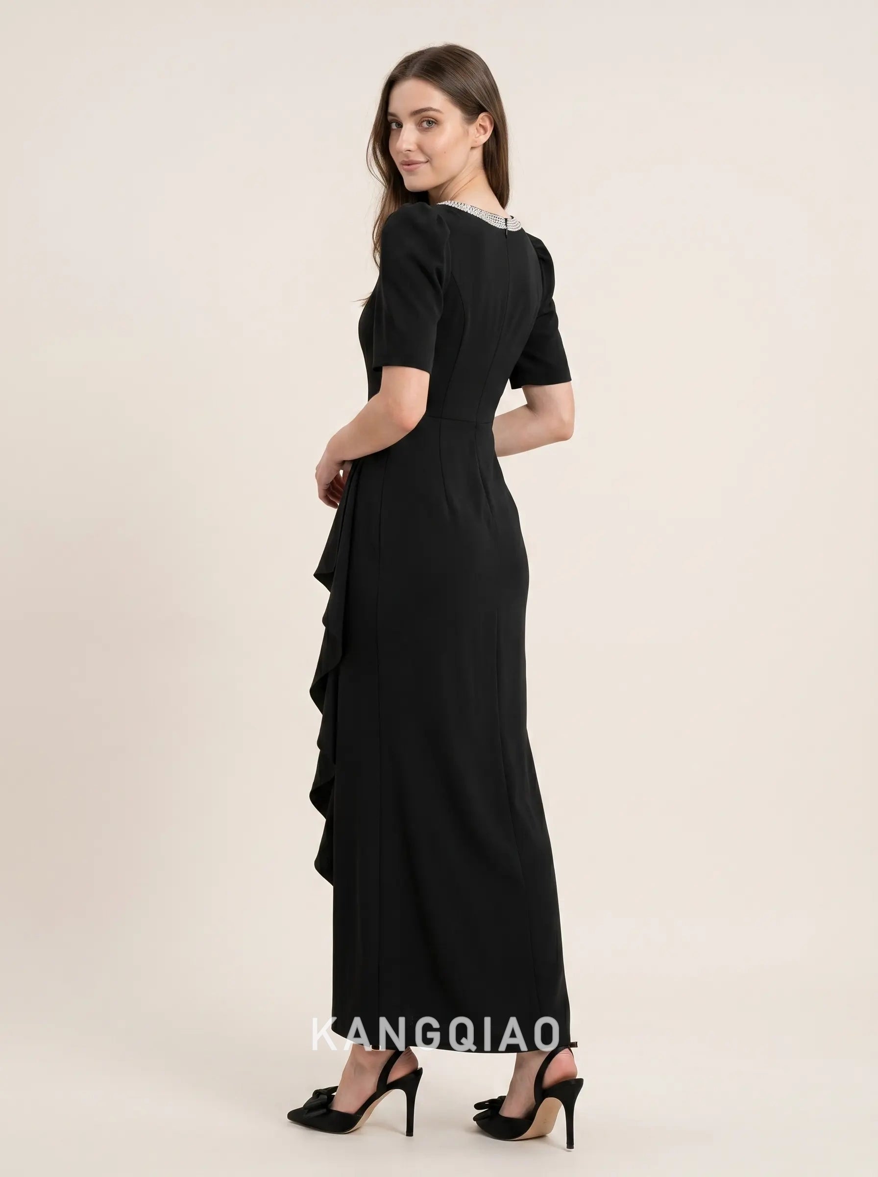 Black Round Neck Puff Sleeve Crystal Trimmed Cascading Ruffle Crepe Mermaid Floor Length Formal Evening Prom Dress